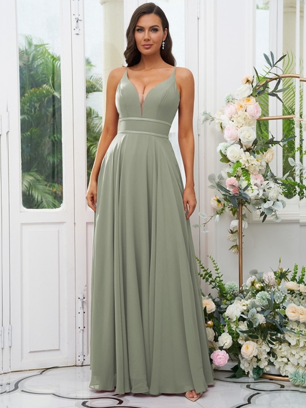 A-Line/Princess Chiffon Ruffles V-neck Sleeveless Floor-Length Bridesmaid Dresses 2239