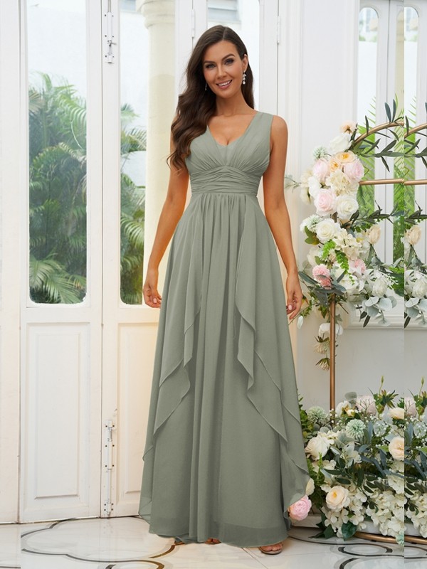 A-Line/Princess Chiffon Ruffles V-neck Sleeveless Floor-Length Bridesmaid Dresses 2240