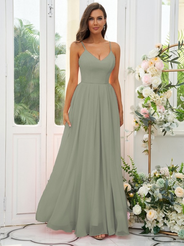 A-Line/Princess Chiffon Ruffles V-neck Sleeveless Floor-Length Bridesmaid Dresses 2241