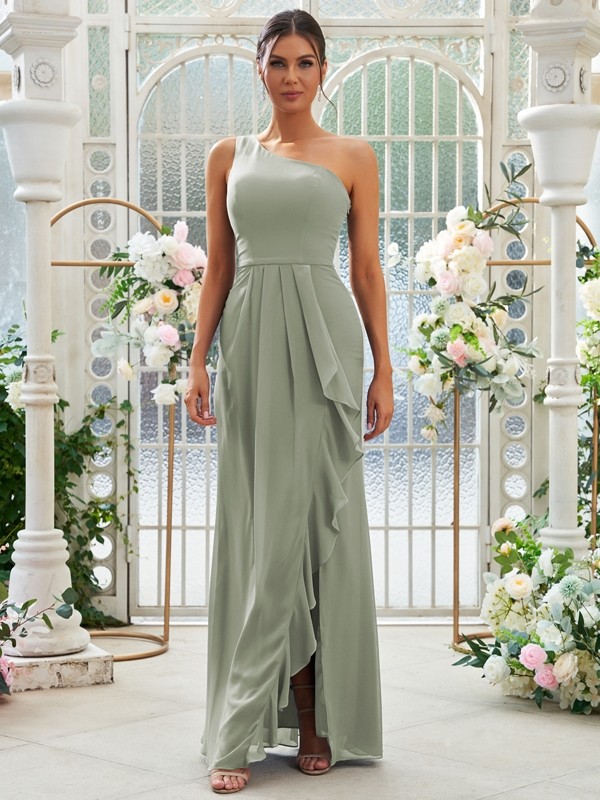 Sheath/Column Chiffon Ruffles One-Shoulder Sleeveless Floor-Length Bridesmaid Dresses 2914