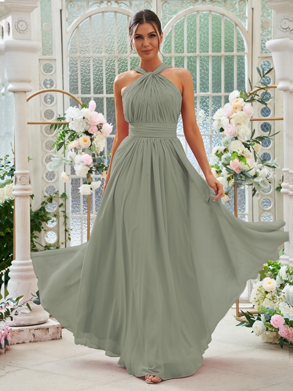 A-Line/Princess Chiffon Ruched Halter Sleeveless Floor-Length Bridesmaid Dresses 2154