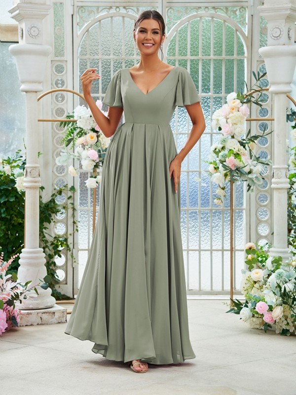 A-Line/Princess Chiffon Ruffles V-neck Short Sleeves Floor-Length Bridesmaid Dresses 2226