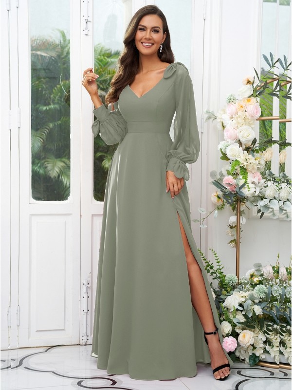 A-Line/Princess Chiffon Bowknot V-neck Long Sleeves Floor-Length Bridesmaid Dresses 2136