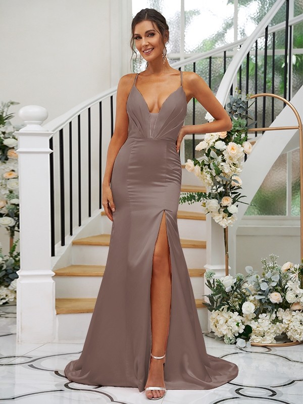 Sheath/Column Silk like Satin Ruched V-neck Sleeveless Sweep/Brush Train Bridesmaid Dresses 3091