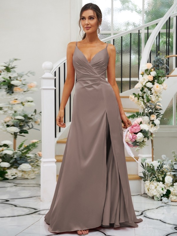 A-Line/Princess Silk like Satin Ruched V-neck Sleeveless Floor-Length Bridesmaid Dresses 2476