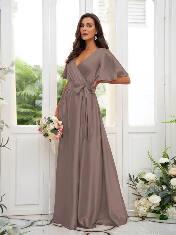 A-Line/Princess Silk like Satin Sash/Ribbon/Belt V-neck Short Sleeves Floor-Length Bridesmaid Dresses 2497