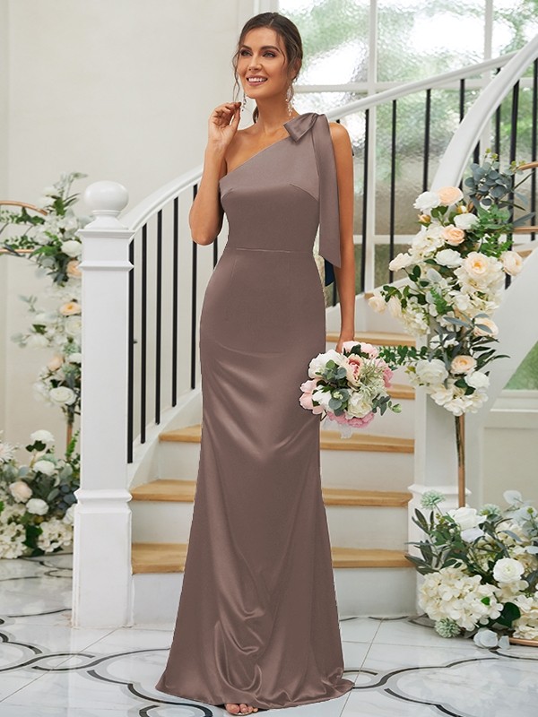 Sheath/Column Silk like Satin Bowknot One-Shoulder Sleeveless Floor-Length Bridesmaid Dresses 3052