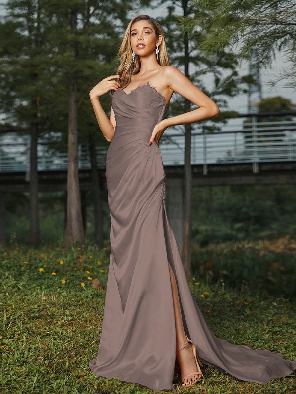 Sheath/Column Silk like Satin Ruched Sweetheart Sleeveless Sweep/Brush Train Bridesmaid Dresses 3078