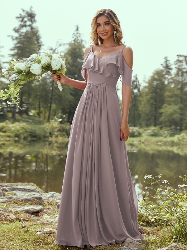 A-Line/Princess Chiffon Ruffles V-neck Sleeveless Floor-Length Bridesmaid Dresses 2233