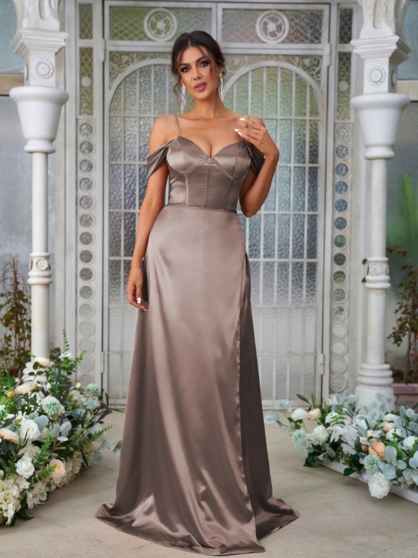 A-Line/Princess Silk like Satin Ruched Sweetheart Sleeveless Sweep/Brush Train Bridesmaid Dresses 2473