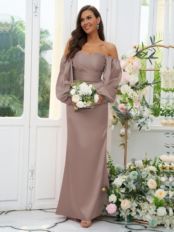 Sheath/Column Silk like Satin Ruched Off-the-Shoulder Long Sleeves Floor-Length Bridesmaid Dresses 3054