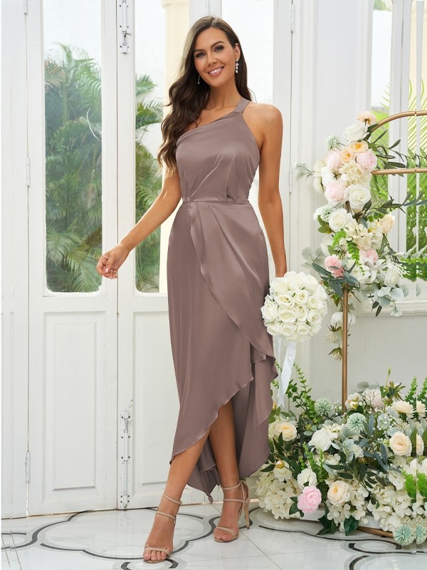 A-Line/Princess Silk like Satin Ruched One-Shoulder Sleeveless Tea-Length Bridesmaid Dresses 2471