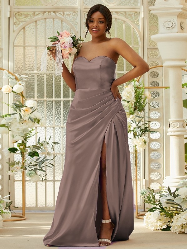 Sheath/Column Silk like Satin Ruched Sweetheart Sleeveless Sweep/Brush Train Bridesmaid Dresses 3079