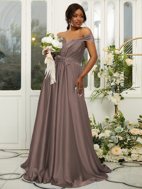 A-Line/Princess Silk like Satin Ruffles Off-the-Shoulder Sleeveless Sweep/Brush Train Bridesmaid Dresses 2482