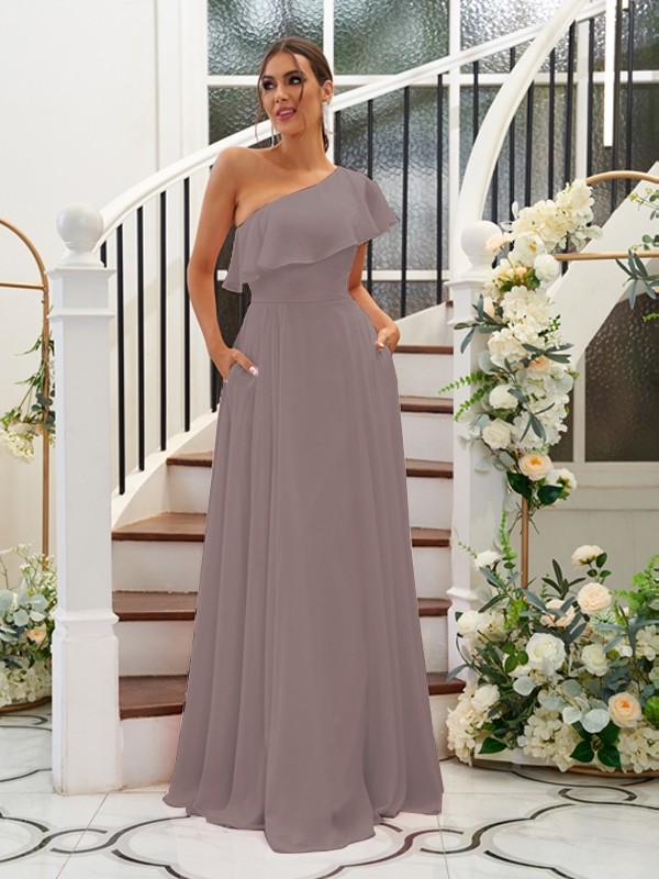 A-Line/Princess Chiffon Ruffles One-Shoulder Sleeveless Floor-Length Bridesmaid Dresses 2205