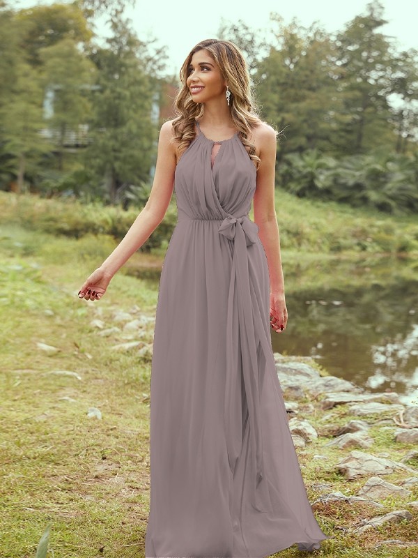 A-Line/Princess Chiffon Ruffles Halter Sleeveless Sweep/Brush Train Bridesmaid Dresses 2196