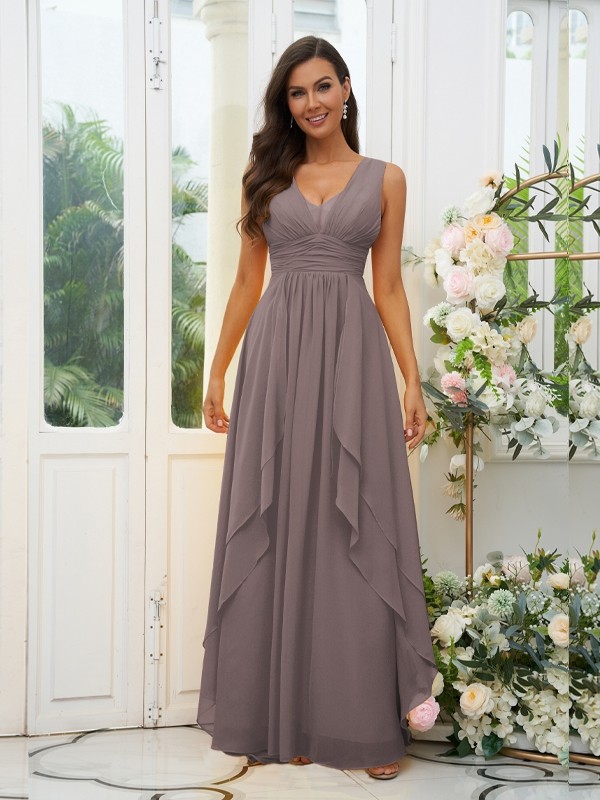 A-Line/Princess Chiffon Ruffles V-neck Sleeveless Floor-Length Bridesmaid Dresses 2240