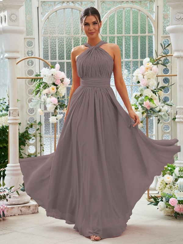 A-Line/Princess Chiffon Ruched Halter Sleeveless Floor-Length Bridesmaid Dresses 2154