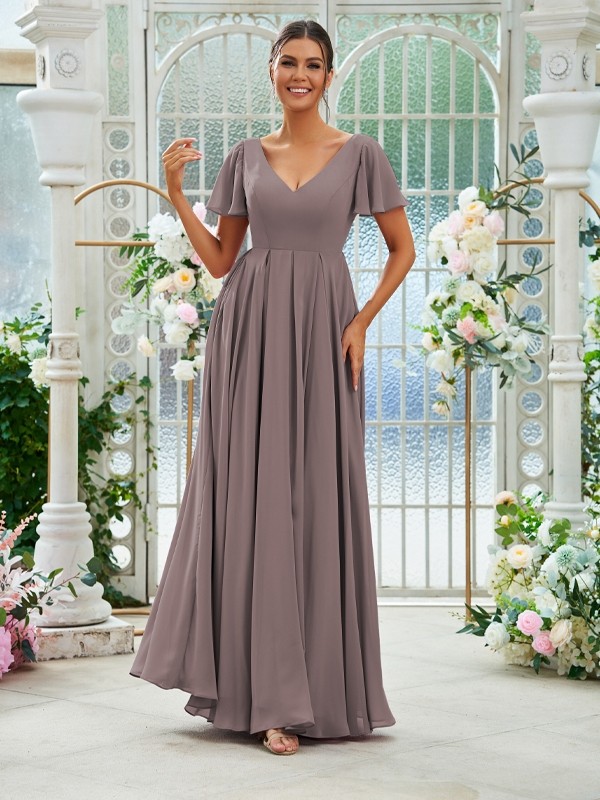 A-Line/Princess Chiffon Ruffles V-neck Short Sleeves Floor-Length Bridesmaid Dresses 2226