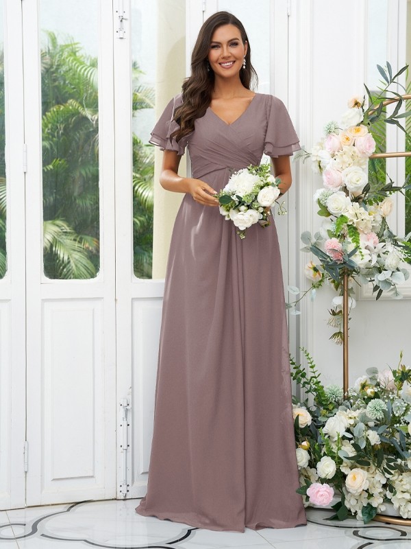 A-Line/Princess Chiffon Ruffles V-neck Short Sleeves Floor-Length Bridesmaid Dresses 2225