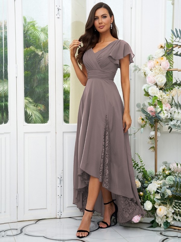 A-Line/Princess Chiffon Lace V-neck Short Sleeves Asymmetrical Bridesmaid Dresses 2151