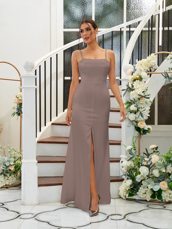 A-Line/Princess Silk like Satin Ruffles Spaghetti Straps Sleeveless Floor-Length Bridesmaid Dresses 2484