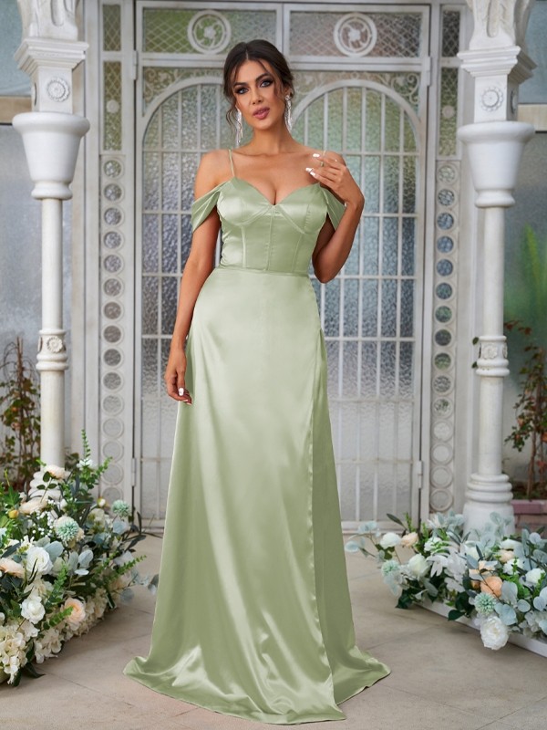 A-Line/Princess Silk like Satin Ruched Sweetheart Sleeveless Sweep/Brush Train Bridesmaid Dresses 2473