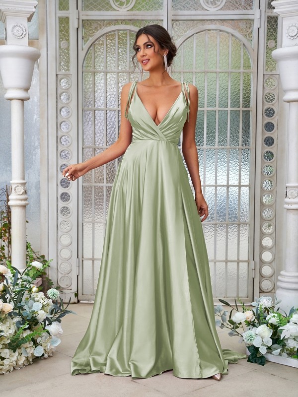 A-Line/Princess Silk like Satin Ruffles V-neck Sleeveless Sweep/Brush Train Bridesmaid Dresses 2494