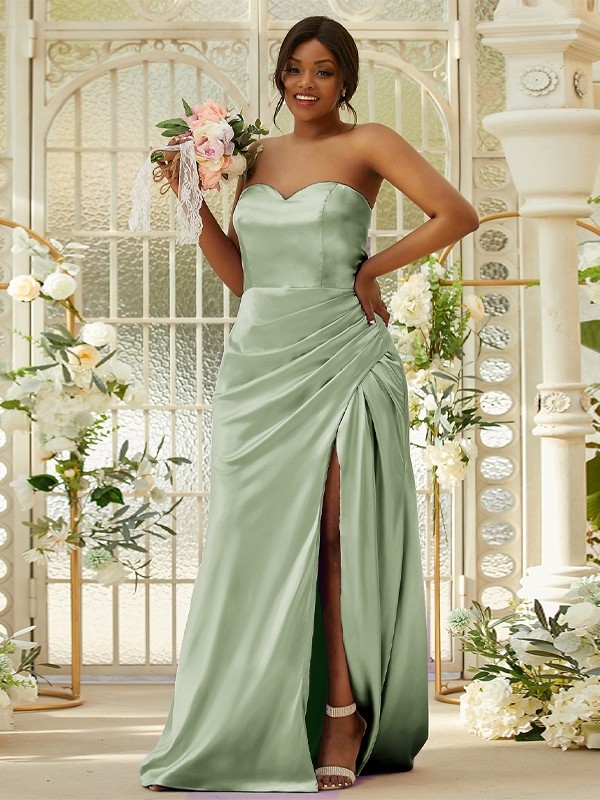 Sheath/Column Silk like Satin Ruched Sweetheart Sleeveless Sweep/Brush Train Bridesmaid Dresses 3079