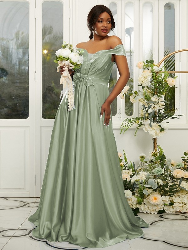 A-Line/Princess Silk like Satin Ruffles Off-the-Shoulder Sleeveless Sweep/Brush Train Bridesmaid Dresses 2482