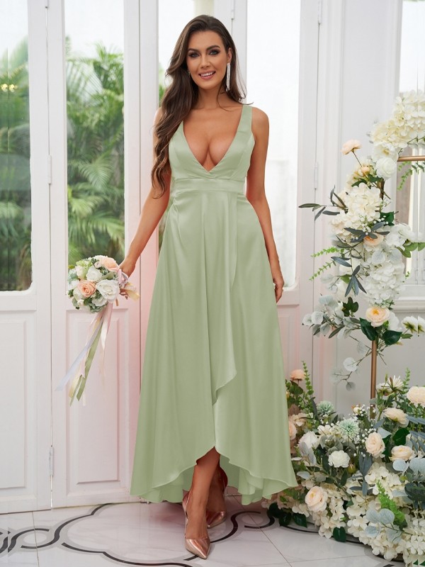 A-Line/Princess Silk like Satin Ruffles V-neck Sleeveless Ankle-Length Bridesmaid Dresses 2489