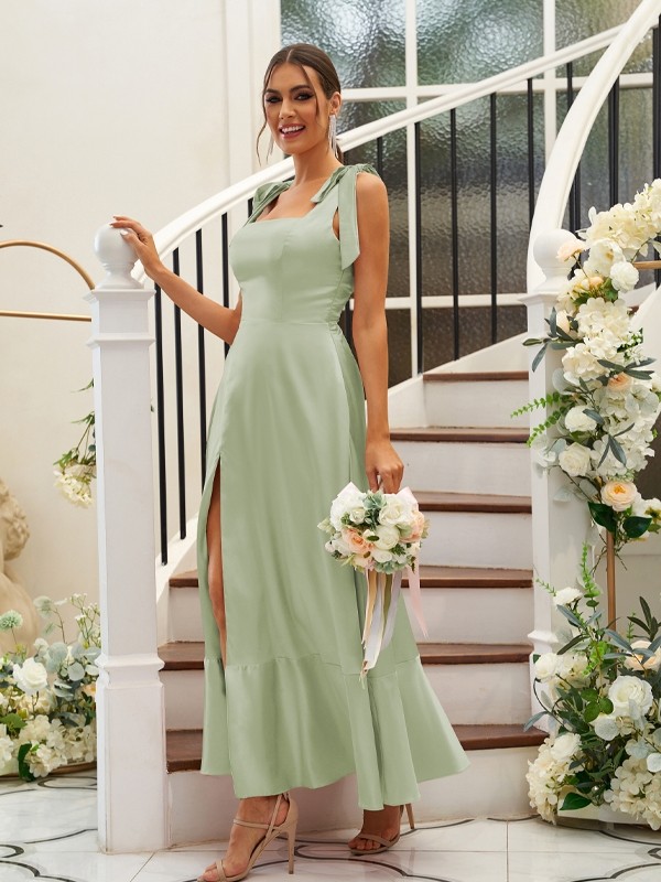 A-Line/Princess Silk like Satin Ruffles Straps Sleeveless Ankle-Length Bridesmaid Dresses 2486