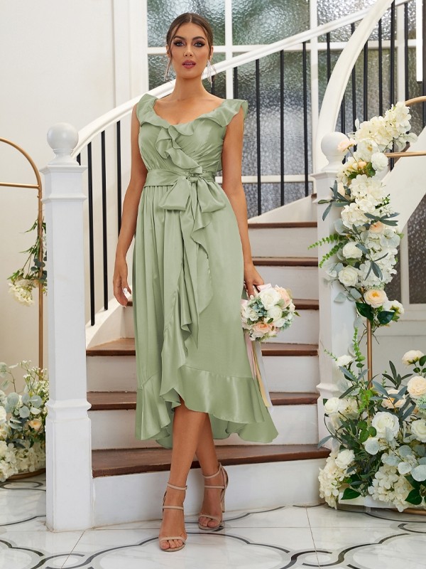 A-Line/Princess Silk like Satin Ruffles V-neck Sleeveless Tea-Length Bridesmaid Dresses 2496