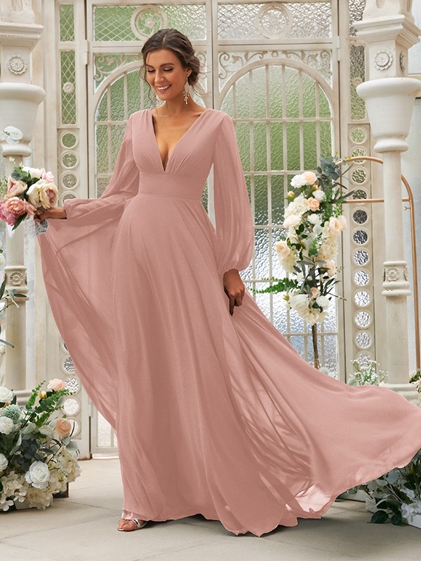 A-Line/Princess Chiffon Ruffles V-neck Long Sleeves Sweep/Brush Train Bridesmaid Dresses 2219