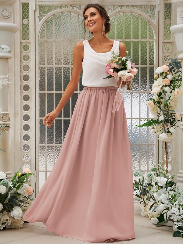 A-Line/Princess Chiffon Ruffles Scoop Sleeveless Floor-Length Two Piece Bridesmaid Dresses 2210