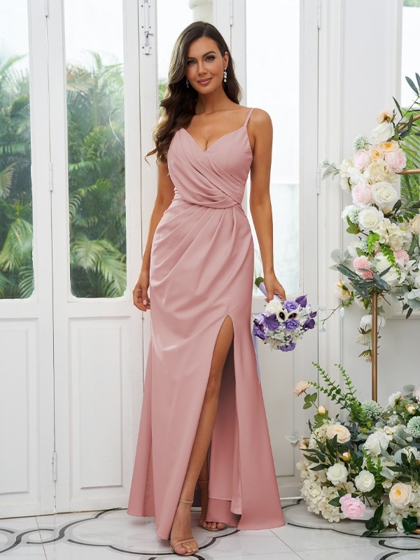 A-Line/Princess Stretch Crepe Ruched V-neck Sleeveless Floor-Length Bridesmaid Dresses 2660