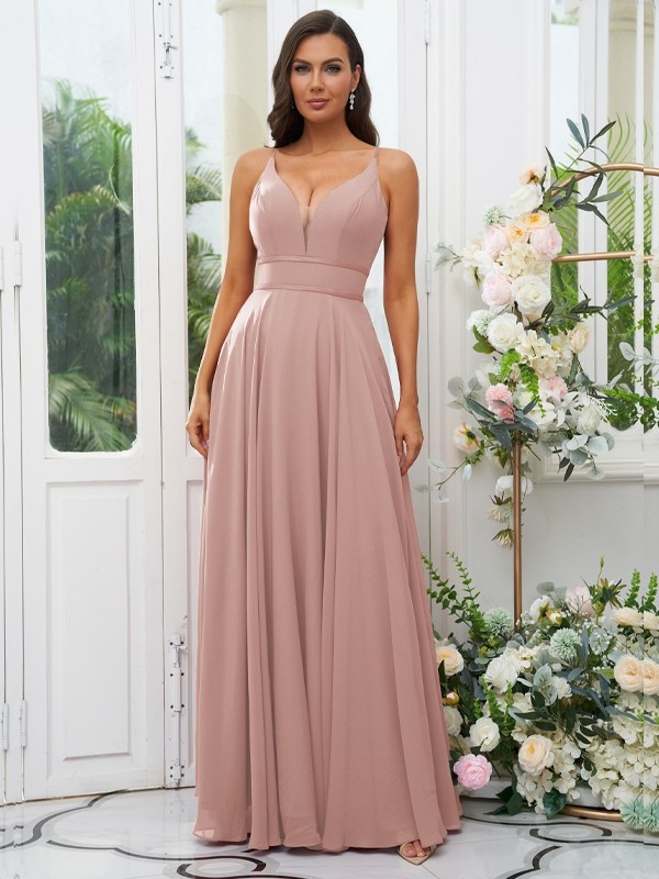 A-Line/Princess Chiffon Ruffles V-neck Sleeveless Floor-Length Bridesmaid Dresses 2239