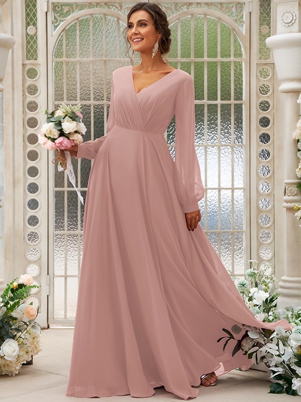 A-Line/Princess Chiffon Ruched V-neck Long Sleeves Floor-Length Bridesmaid Dresses 2169