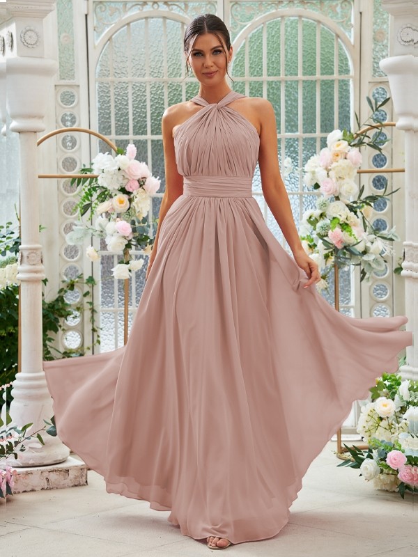 A-Line/Princess Chiffon Ruched Halter Sleeveless Floor-Length Bridesmaid Dresses 2154