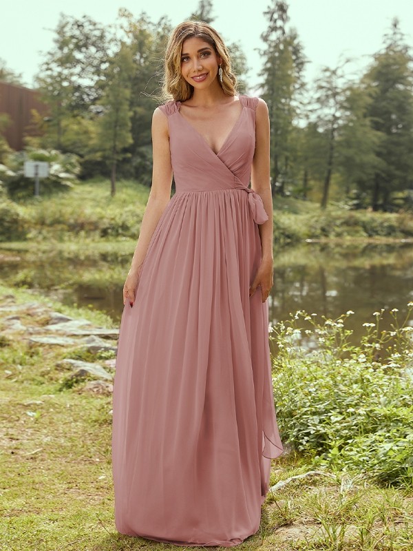 A-Line/Princess Chiffon Ruffles V-neck Sleeveless Floor-Length Bridesmaid Dresses 2235