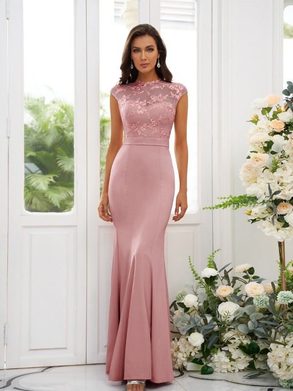 Trumpet/Mermaid Stretch Crepe Applique High Neck Sleeveless Floor-Length Bridesmaid Dresses 3243