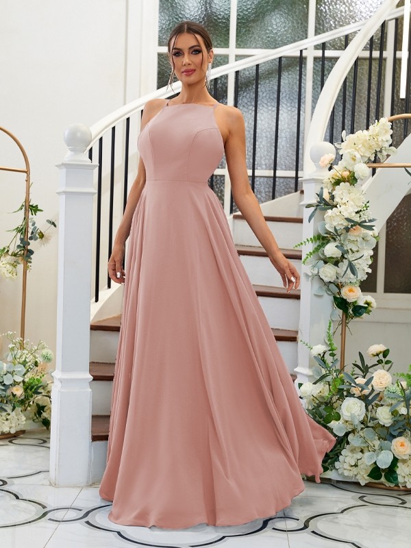 A-Line/Princess Chiffon Ruffles Halter Sleeveless Floor-Length Bridesmaid Dresses 2195