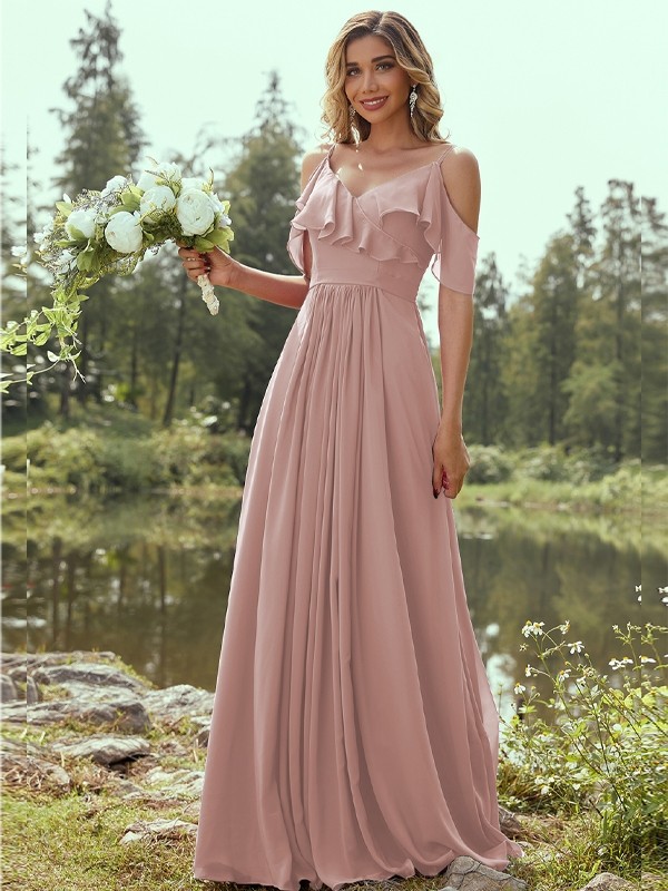 A-Line/Princess Chiffon Ruffles V-neck Sleeveless Floor-Length Bridesmaid Dresses 2233