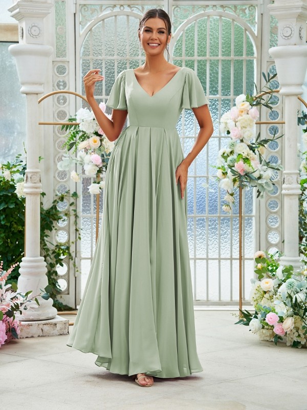 A-Line/Princess Chiffon Ruffles V-neck Short Sleeves Floor-Length Bridesmaid Dresses 2226