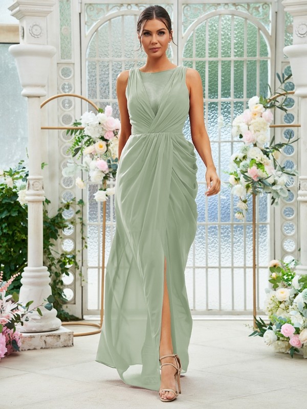 Sheath/Column Chiffon Ruched Scoop Sleeveless Floor-Length Bridesmaid Dresses 2904