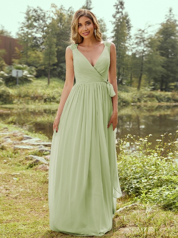 A-Line/Princess Chiffon Ruffles V-neck Sleeveless Floor-Length Bridesmaid Dresses 2235