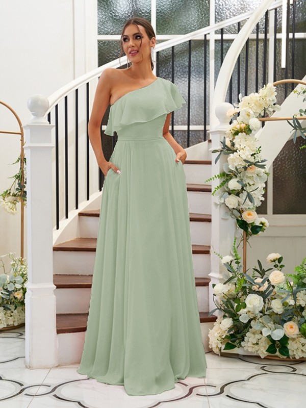 A-Line/Princess Chiffon Ruffles One-Shoulder Sleeveless Floor-Length Bridesmaid Dresses 2205