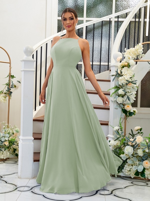 A-Line/Princess Chiffon Ruffles Halter Sleeveless Floor-Length Bridesmaid Dresses 2195