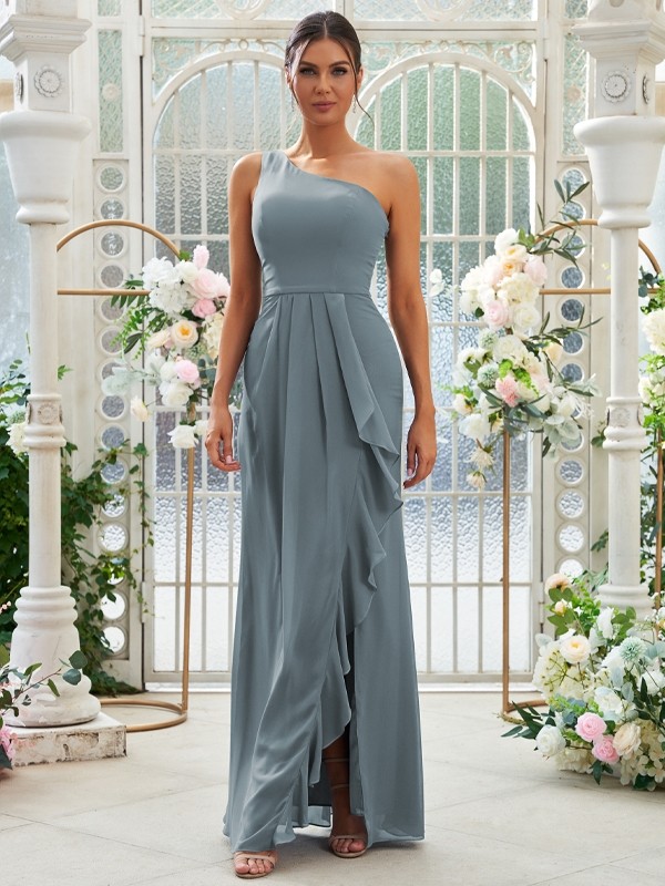 Sheath/Column Chiffon Ruffles One-Shoulder Sleeveless Floor-Length Bridesmaid Dresses 2914