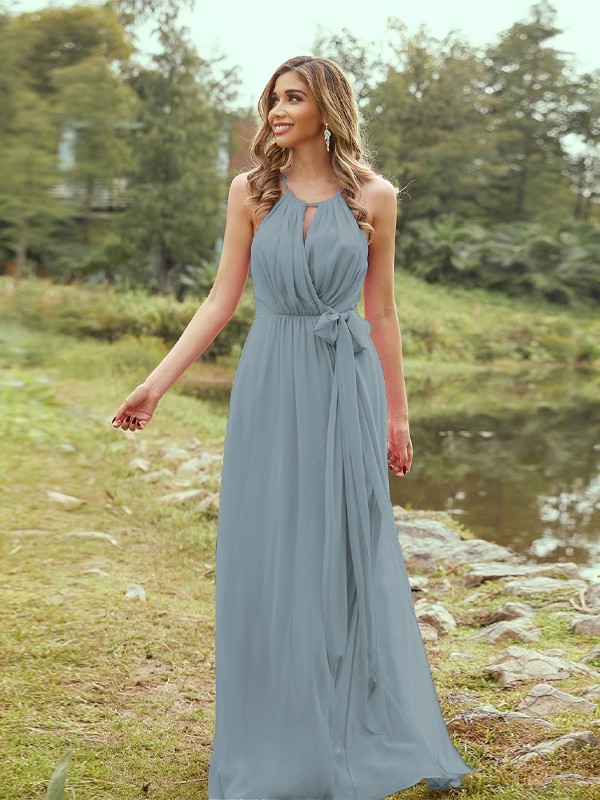 A-Line/Princess Chiffon Ruffles Halter Sleeveless Sweep/Brush Train Bridesmaid Dresses 2196